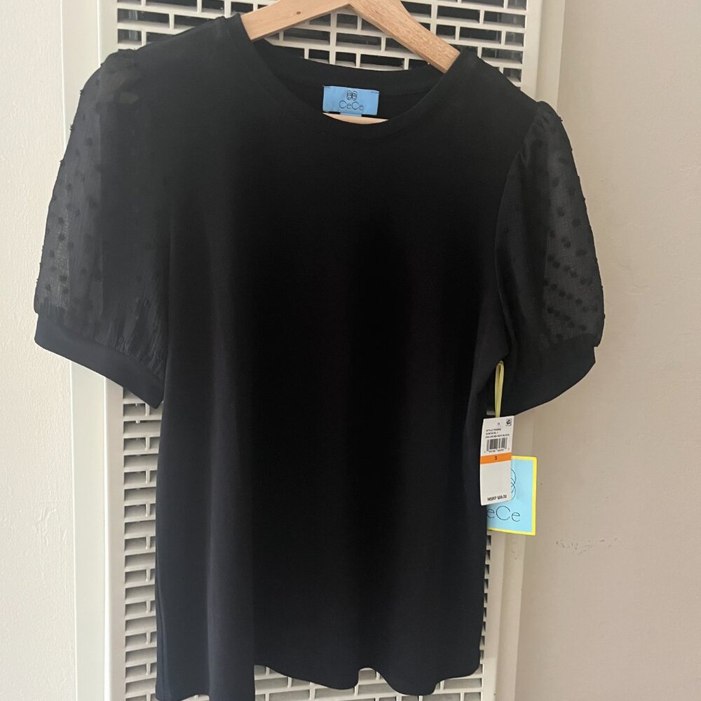 Black CeCe top with sheer puff sleeves (NWT)